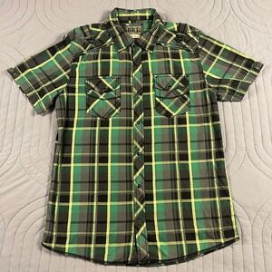 BKE Mens Slim Fit Plaid Short Sleeve Large Button Down Shirt Green Black